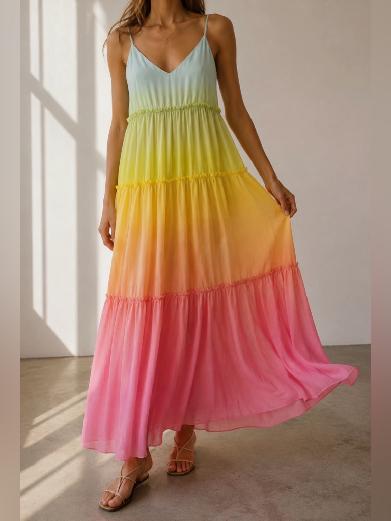 Cami Nyc 100% Silk Rainbow Ombr Tiered Maxi Dress Xs Pastel Colorblock